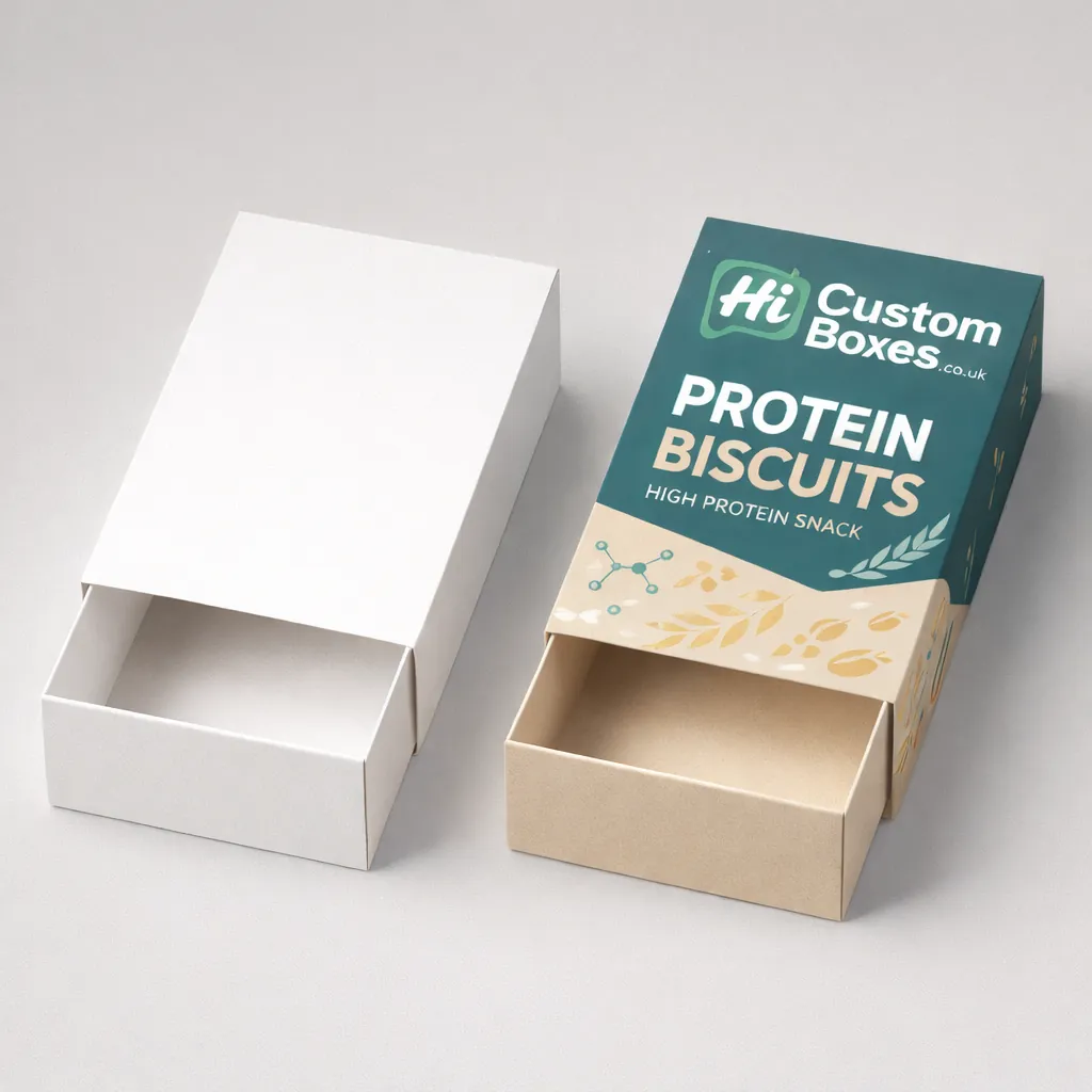 Two sleeve-style sliding drawer boxes, one plain white and one printed with teal protein biscuit designs. class=